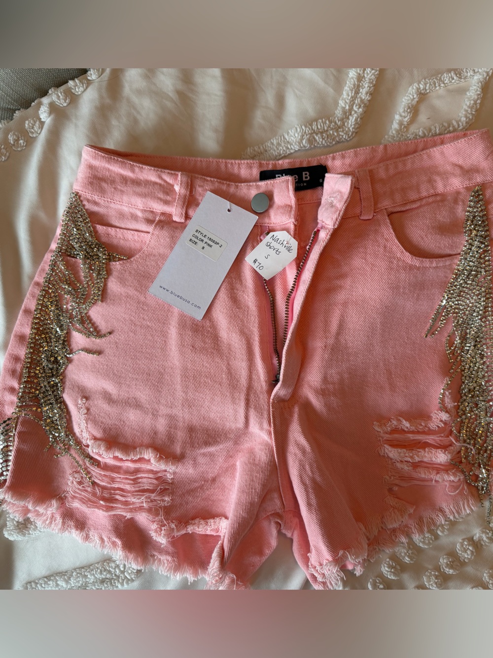 Embellished Pink Denim Jean Shorts with Crystal Fringe